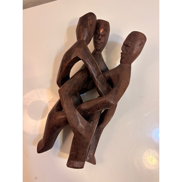 Hand Carved Wooden Sculpture Trio Figures Embracing Rustic Decor - Picture 6 of 7